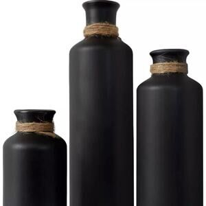 Hemp Rope Wrapped Ceramic Vase Set of 3 Brownish Black 9.75, 7.25 and 4.75 Inch